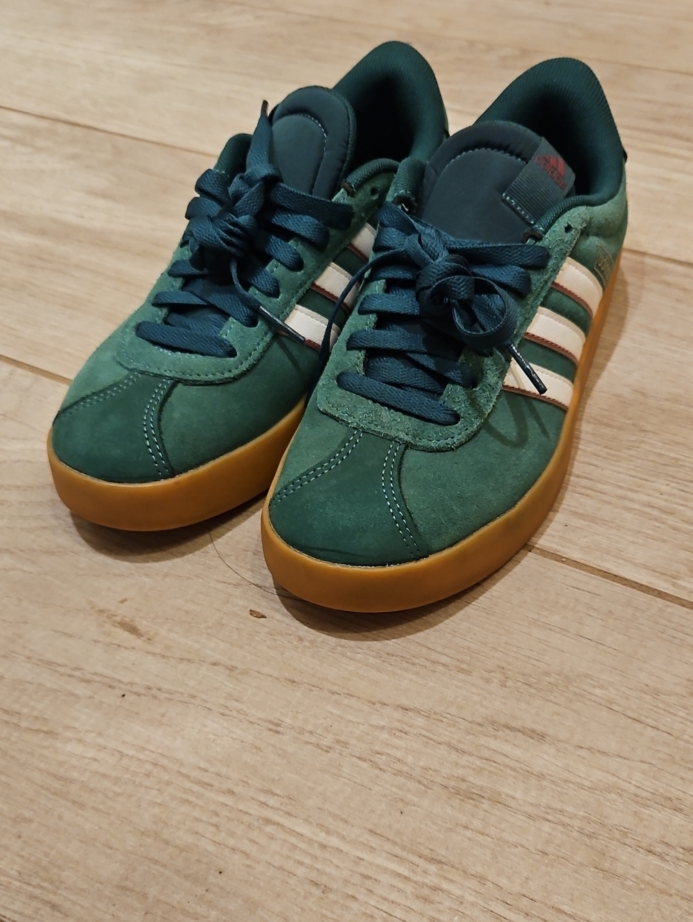 adidas Green Suede Low-Top Sneakers with White Stripes and Gum Sole